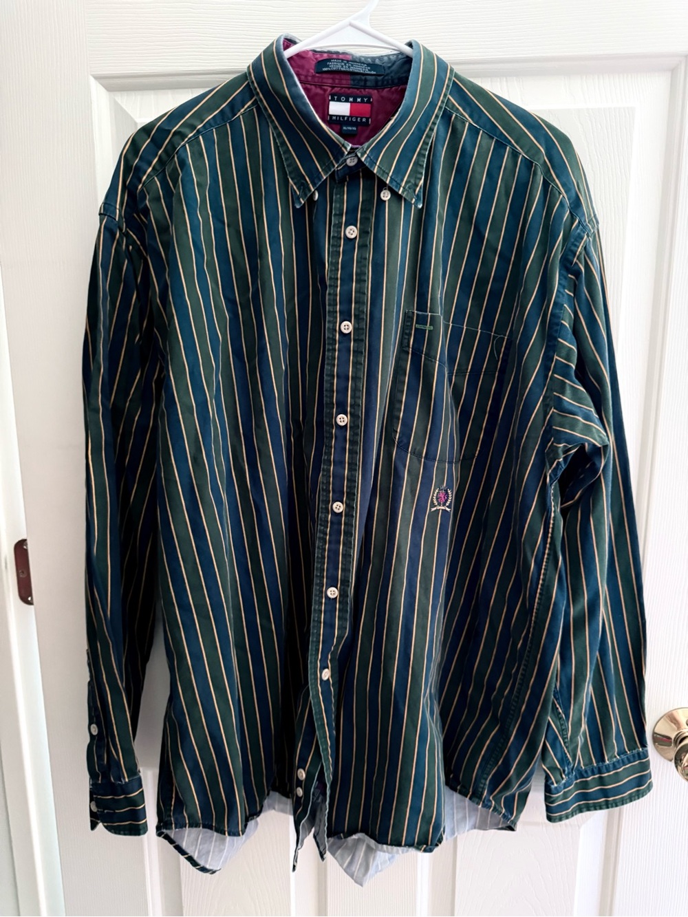 Tommy Hilfiger Long Sleeve Striped Blue Green Button Shirt Classic 90s Vtg XL